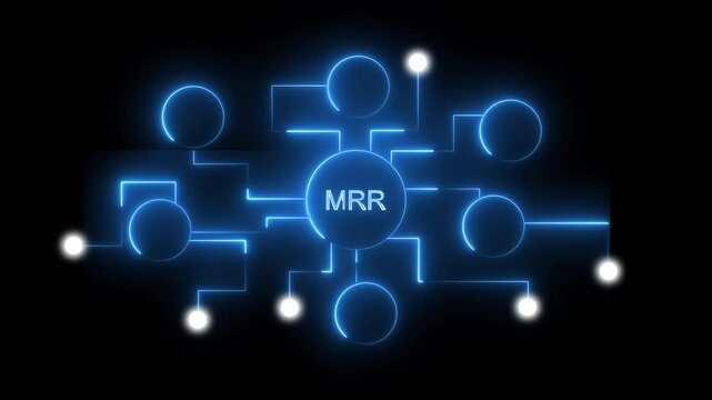 Blue network diagram with MR in center circle. Blue network diagram for digital data and tech. Digital blue network diagram animation for science.