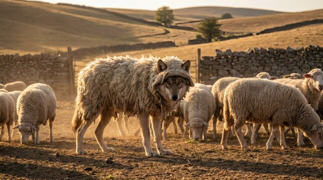 Wolf in sheep's clothing among a flock of sheep in a golden hour rural field, allegory of hidden danger.