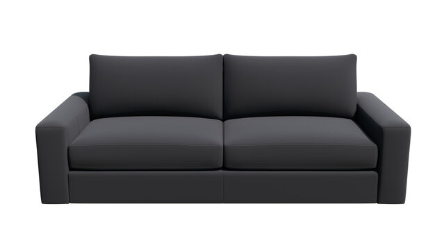 3D render of modern dark gray sofa with boxy design, straight armrests, large cushions, minimalist contemporary furniture, isolated on transparent background for interior visualization. png