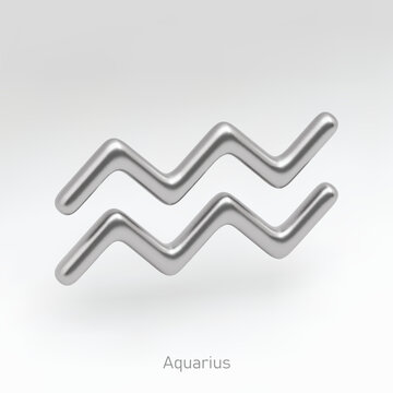3d silver zodiac sign Aquarius. Realistic vector silver icon on light background with shadow. Luxury star sign for astrology Aquarius horoscope prediction.