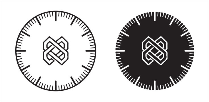 Two circular geometric emblems featuring interlocking abstract knot symbols and precise perimeter graduation marks on transparent background