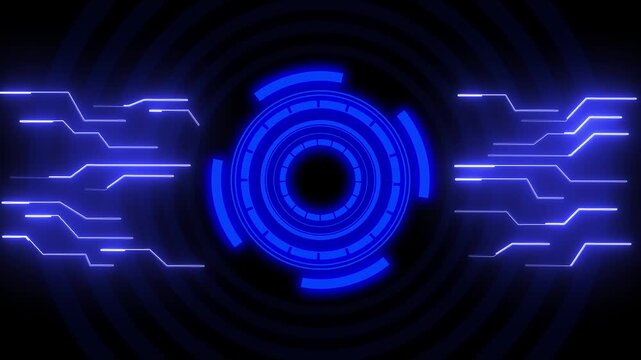Futuristic blue neon sci fi HUD element. Blue neon HUD symbol for digital technology display. Digital blue neon HUD animation for sci fi interface.