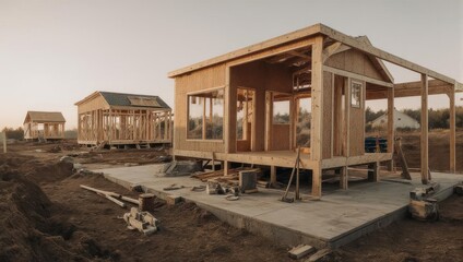 Obraz premium Wooden frame houses under construction on a building site at sunset.