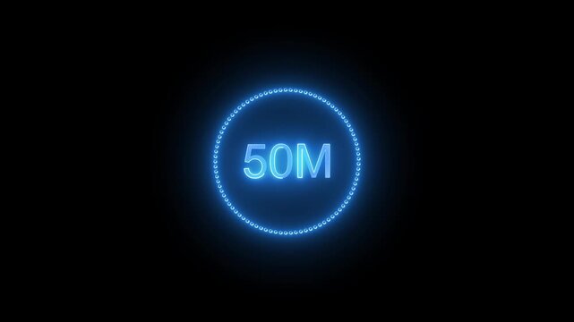 Blue neon circle with 50 M text on black. Blue neon circle for digital social media counts. Digital blue neon circle animation for marketing metrics.