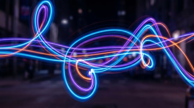 Vibrant neon light trails dance in dark urban night background