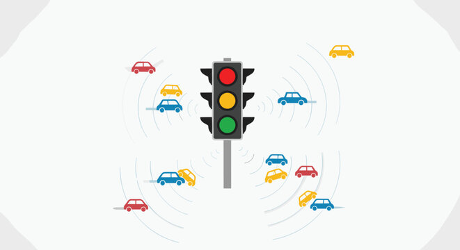 Smart traffic light system with connected autonomous vehicles v2i technology intelligent transport system vehicletoinfrastructure communication digital city infrastructure concept, Generative AI.