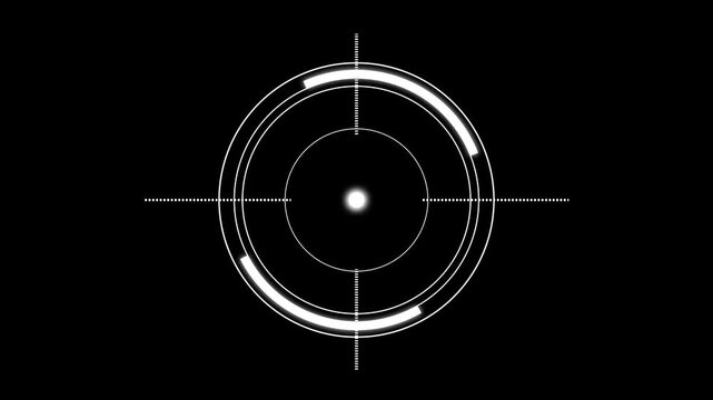 White crosshair targeting reticle on black background. White crosshair symbol for tactical aim and focus. Digital white crosshair animation for interface.