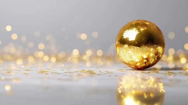 A sparkling gold ball resting on a reflective surface surrounded by glittering gold particles. This image evokes a sense of luxury and celebration. Perfect for festive themes. AI