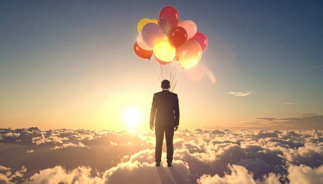 Man Holding Balloons Flying Above Clouds at Sunset