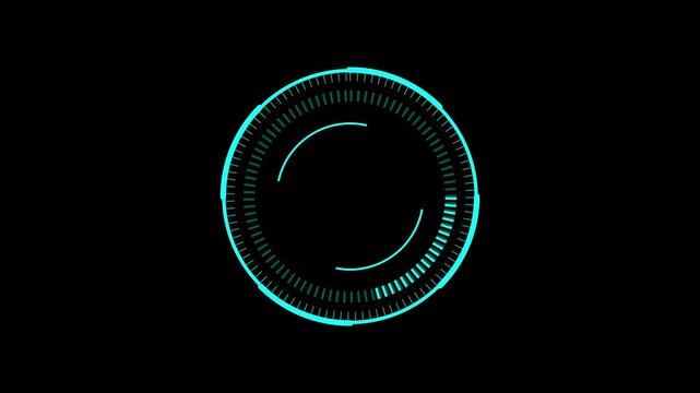 Cyan digital circular interface with segmented ring. Circular interface symbol for technology display. Digital circular interface animation for tech.
