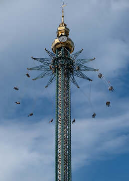 Vienna, Austria - May 11 2026 Prater Tower Chain Carousel Swing Ride in Vienna Amusement Park