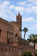 Fototapeta premium Palermo Cathedral in sunny day, Sicily, Italy. Cathedral of Palermo dedicated to the Assumption of the Virgin Mary. Popular touristic and travel landmark. Holidays in Italy. Sightseeing.