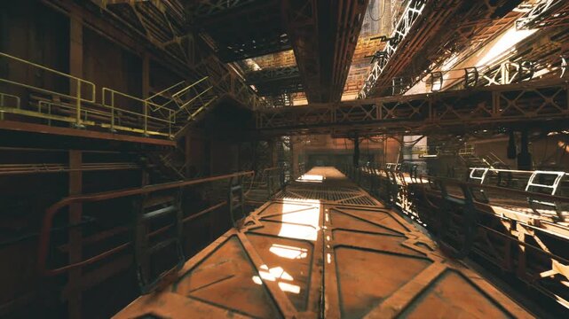 narrow maintenance walkway with inspection lighting and service platforms, visible bolts and access hatches, scene suggests ongoing technical survey or repair