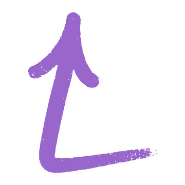 Purple arrow icon curving sharply into a right angle with rough hand drawn contours. Unique directional pointer element for urban signage layouts, modern banners, and creative stickers.
