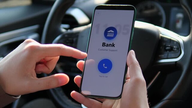 Contacting bank customer support via mobile app while in a car. High-quality stock video of modern digital banking and remote assistance. Ideal for financial services and mobile app marketing. Secure