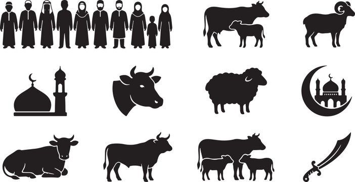 Eid al adha icons showing livestock animals mosque silhouettes mother cow with calf sheep and traditional swords black vector set.