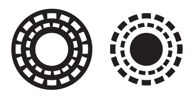 Two minimalist circular geometric patterns featuring concentric dashed rings and solid shapes arranged on transparent background