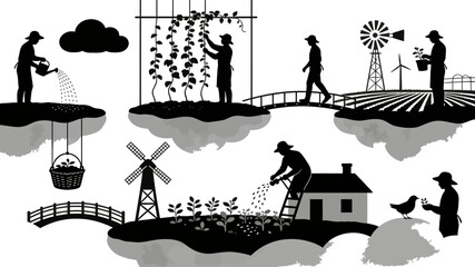Naklejka premium Farming Silhouette Landscape Collection for Agriculture Branding Design