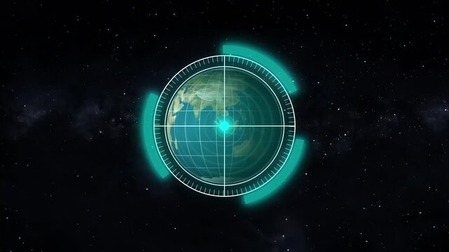 Teal HUD targeting earth globe in space scan. Teal HUD symbol for global surveillance and data. Digital teal HUD animation for world security tracking.