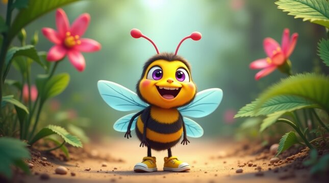 Cute cartoon honey bee standing in a beautiful flower garden with pink blossoms and green leaves in a sunny summer forest setting