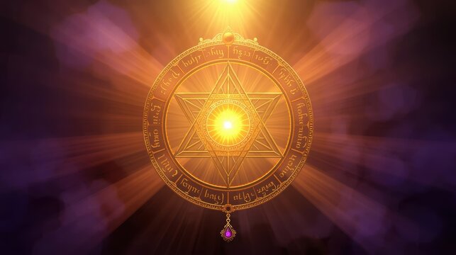 Glowing golden magic circle with a six pointed star symbol and mystical light rays in a dark purple background