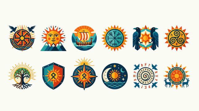 Captivating collection of ancient emblems and mystical symbols, depicting natural cycles and cultural folklore, celebrating the vibrant energy of the Summer Solstice
