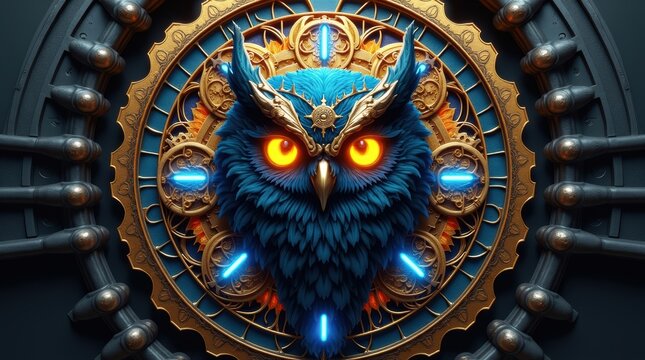 Mystical owl with glowing yellow eyes inside a circular clockwork steampunk frame with blue lights and golden mechanical gears on a dark background