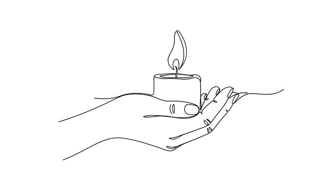 Minimalist hand holding a burning candle line art illustration