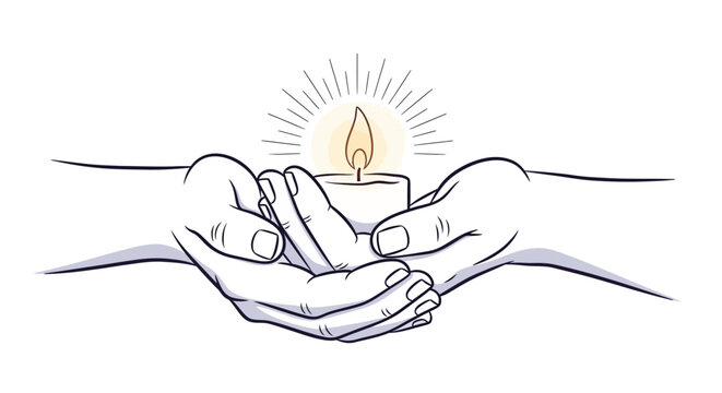 Minimalist line art illustration of hands holding a lit candle