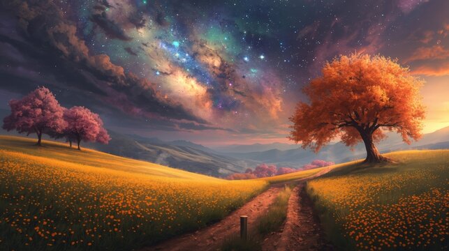 Beautiful autumn trees on a rolling hill under a bright starry night sky with a colorful galaxy nebula and vibrant golden orange foliage