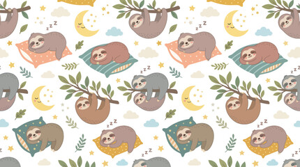 Fototapeta premium Cute Cartoon Sloths Seamless Pattern: Sleeping Animals on Pillows Hanging from Branches - Kids Vector Design