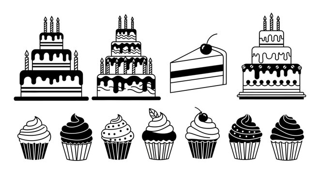Black and white vector set of cakes and cupcakes icons