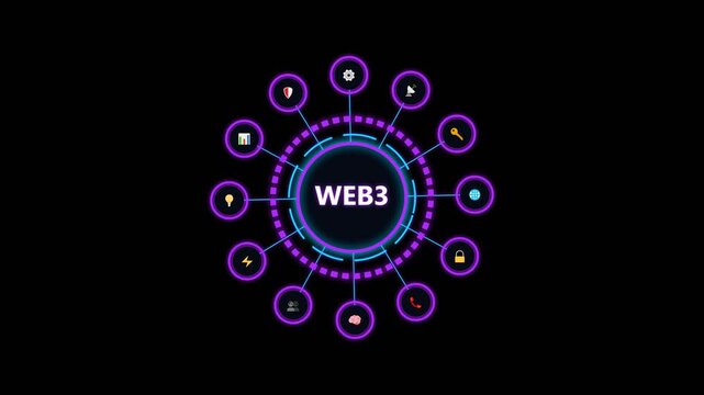 Web3 technology ecosystem showing digital icons and network nodes on dark background