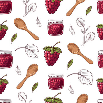 seamless texture with raspberry jam, raspberry berries, and wooden spoons