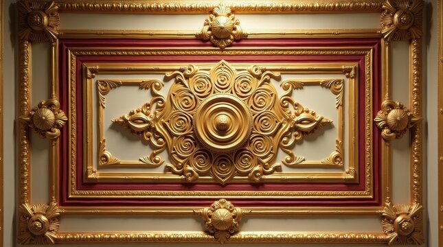 Ornate golden decorative ceiling molding with intricate carved details and a soft green painted background in a classical vintage architectural room interior