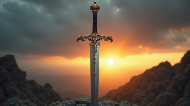 Ancient silver sword with decorative golden handle standing upright on a rocky mountain peak during a dramatic golden sunset with dark storm clouds above