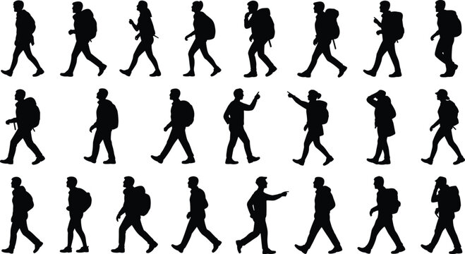 Hiking People Silhouette Collection Vector Set with Backpackers Trekkers and Outdoor Adventure Walking Poses