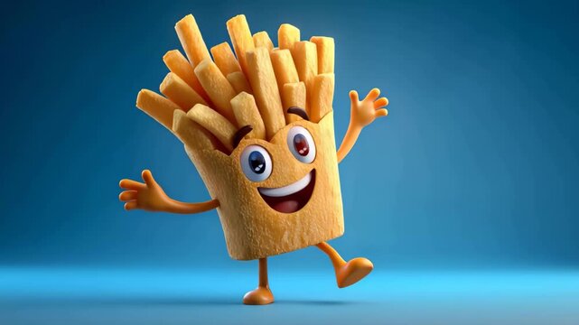 Cartoon character of a smiling French fry with arms and legs standing against a blue background