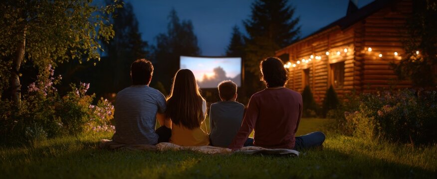 The family shares warmth and laughter under the stars watching an outdoor movie.