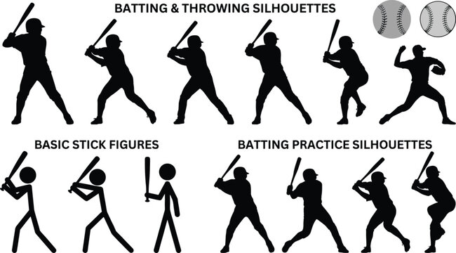 Baseball player batting and throwing silhouettes collection with stick figures and sports action vector illustrations