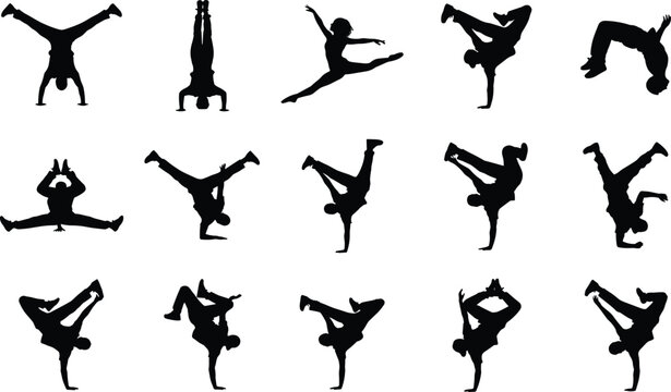 Breakdance and hip hop dancer silhouette collection with acrobatic street dance poses isolated on light background