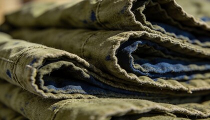 Fototapeta premium Resting folded olive-green fabric with blue inner lining on tabletop, showing frayed edges, stains