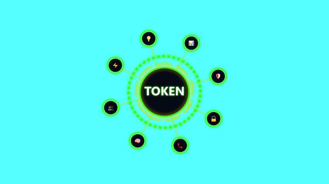 Digital token ecosystem concept with various business icons on a cyan background art.