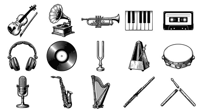 Black and White Line Art Music Instruments Collection Vector