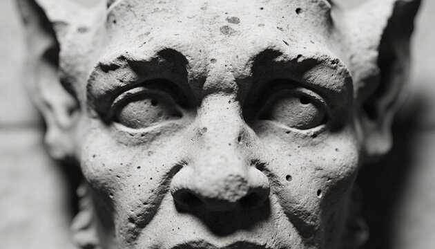 Highlighting weathered stone sculpted face showing pitted texture and deep shadows on masonry wall