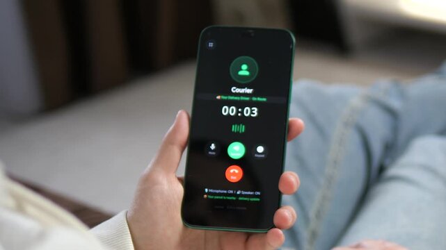 Receiving an incoming call from a courier on a smartphone. The screen displays Your Delivery Driver with answer and decline buttons. Perfect for logistics apps, last-mile delivery, and e-commerce