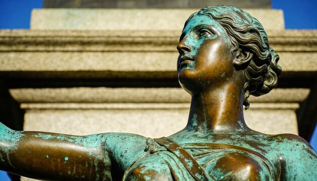 Displaying bronze woman sculpture with verdigris patina on plinth at sunny plaza, with draped robe