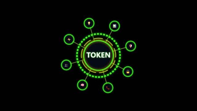 Digital token network concept with green glowing interface icons on black background