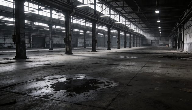 Showing central row of steel support columns rising in abandoned factory hall, with puddles