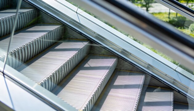 Glinting ribbed aluminum escalator steps casting parallel shadows in atrium, with glass balustrade